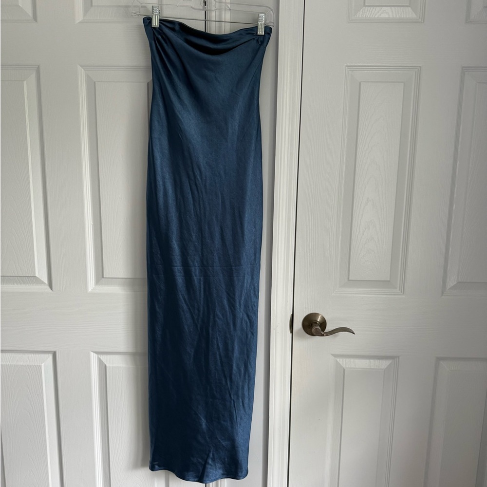 Satin Strapless Gem Blue/Navy Maxi Dress (nwt)